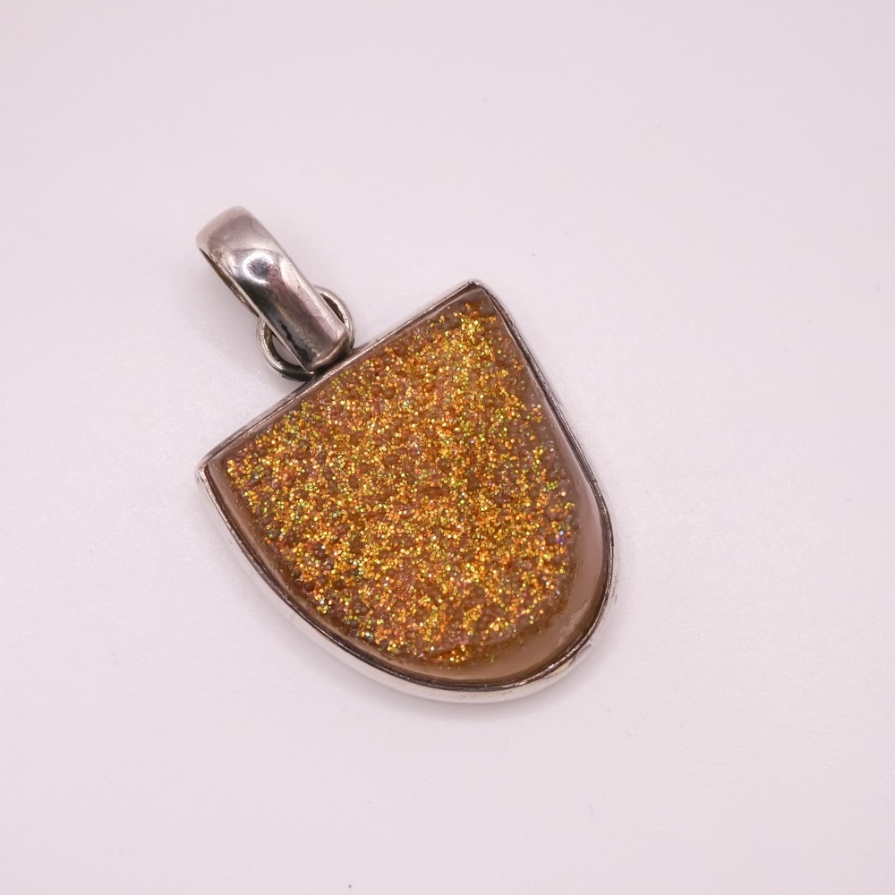 Sterling Silver 925 Gold Druzy Geode 1.75" Chunky Necklace Pendant Women's Large